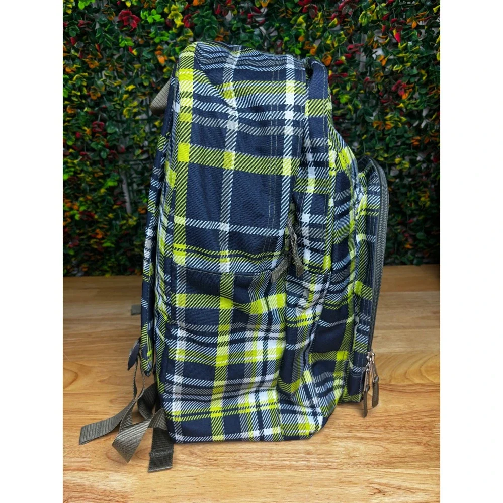 LL Bean Deluxe Book Pack Backpack Lime Green Black Plaid Reflective School Bag